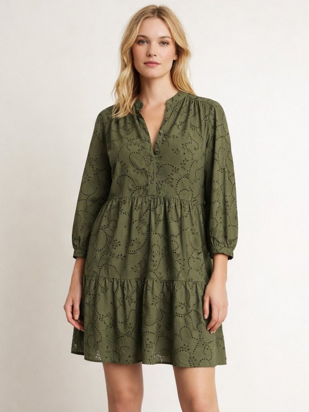 Zara Openwork Embroidered Khaki Mini Dress Size Medium 100% Cotton